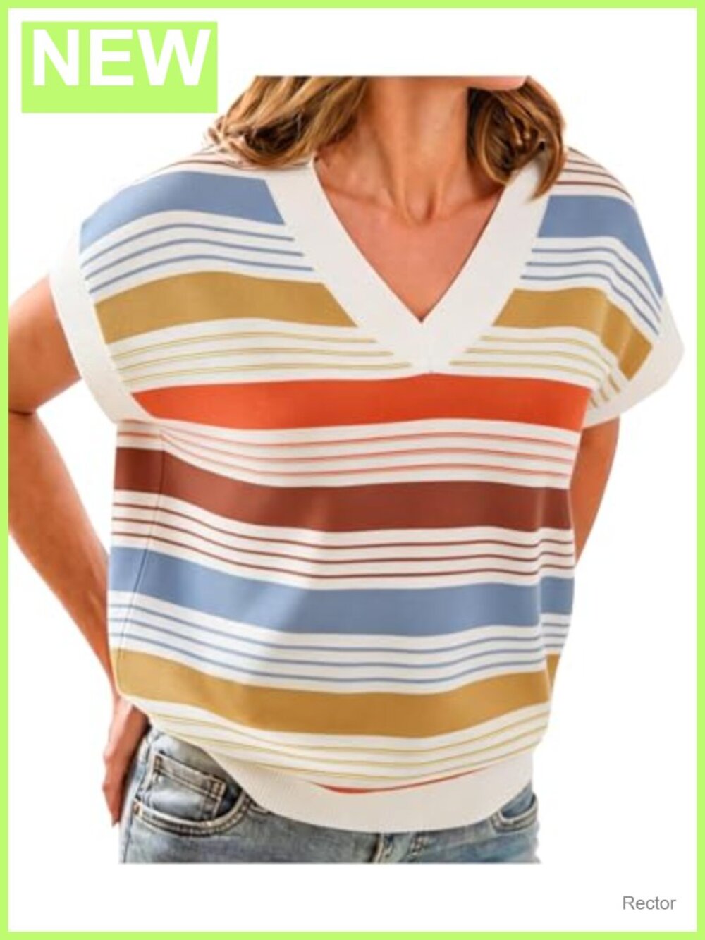 Women Striped Color Block Sweater Vest Cap Sleeve V Neck Knit Pullover Top